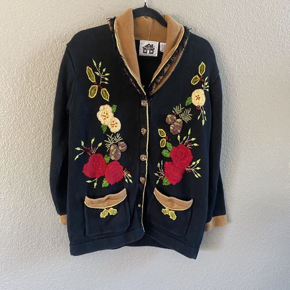 Storybook Knits Cardigan Small Holiday Floral Sweater Christmas Fringe Black Tan - Picture 1 of 12